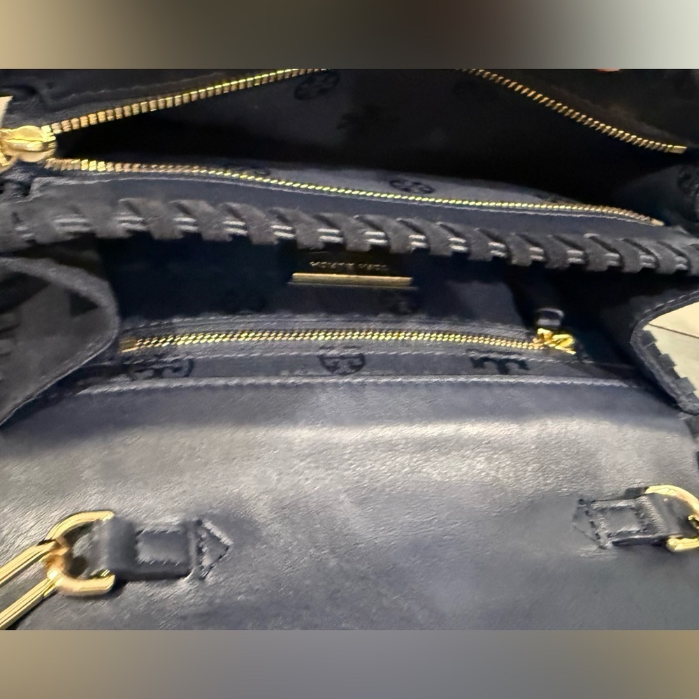 Tory Burch Marion Suede Crossbody Clutch Navy Blue Gold Chain Whipstitch Bag - Picture 7 of 12